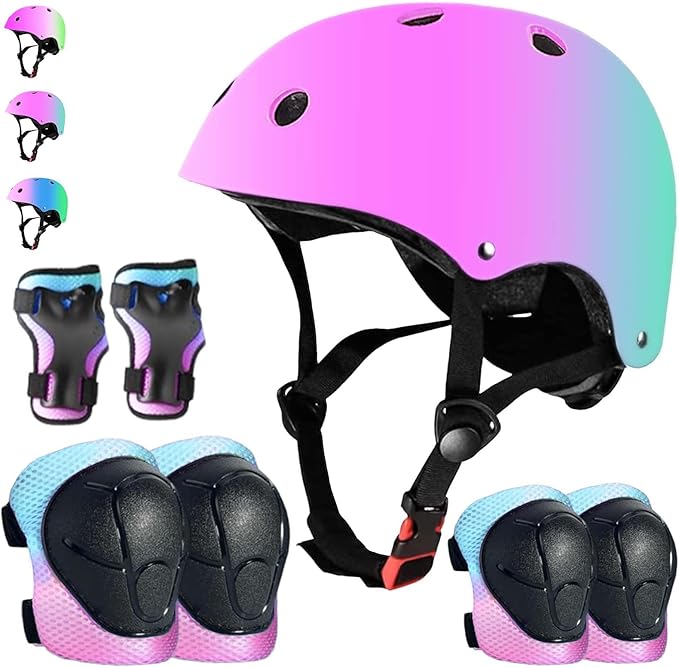 Kids Bike Helmet Set Adjustable for Children, Boys, Girls and Teenagers Aged 3-8 Years Includes Elbow, Knee, Wrist Guards Children's Helmet Protection Set for Bikes SkateboardsRollerskates-BubblyBeeBaby