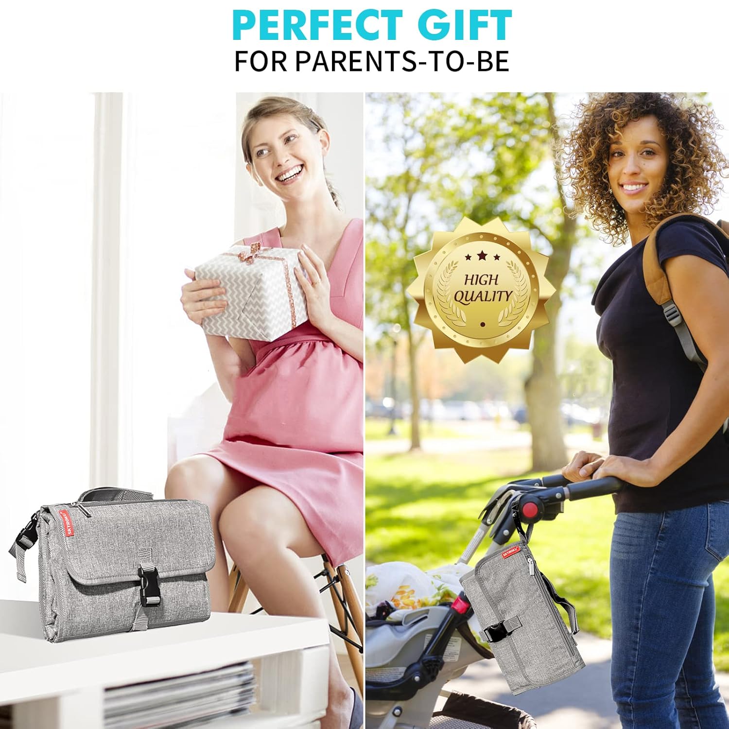 SKYROKU Baby Portable Diaper Changing Pad - Waterproof Travel Changing Mat with Wipes Pocket & Storage, Lightweight Baby Diaper Bag for Stroller/Car, Newborn Essentials Gift