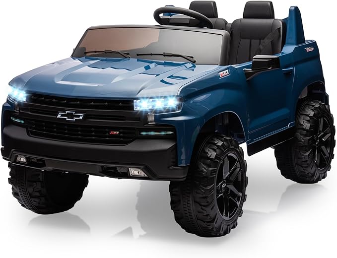 Hetoy 24V 2-Seater Truck Licensed Chevrolet Silverado Ride On Car Toy w/Parent Remote Control,4xSpring Suspension, 3 Speeds, Wireless Music, MP3 Player, Electric Vehicle Car for Kids, Blue-BubblyBeeBaby