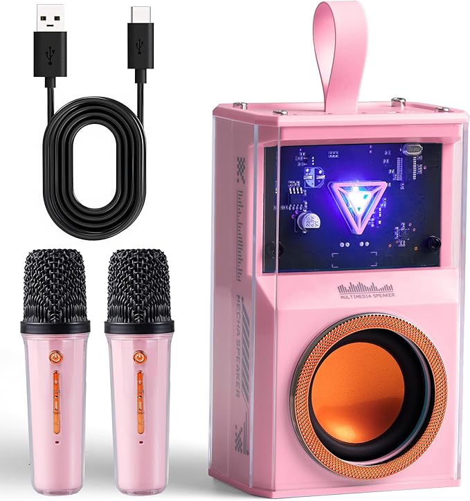 Karaoke Machine for Kids & Adults, Portable Bluetooth Mini Karaoke Speaker with 2 Wireless Microphone and Lights, Birthday Gifts for Girls & Boys, Toys for Girls, Family Home Party (Pink)-BubblyBeeBaby