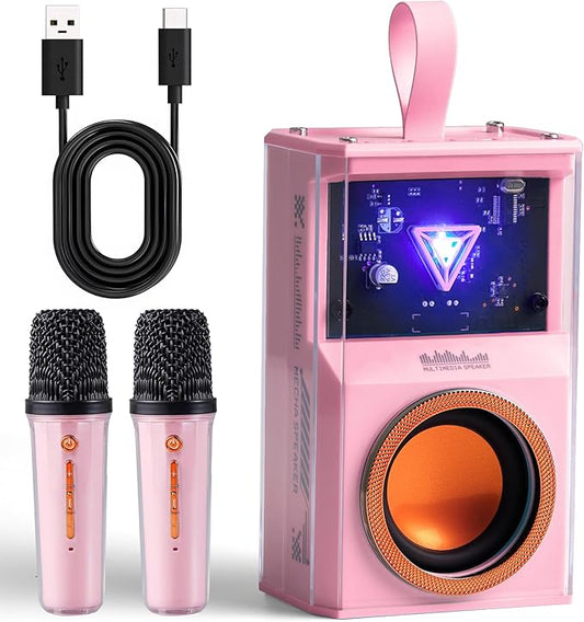 Karaoke Machine for Kids & Adults, Portable Bluetooth Mini Karaoke Speaker with 2 Wireless Microphone and Lights, Birthday Gifts for Girls & Boys, Toys for Girls, Family Home Party (Pink)-BubblyBeeBaby