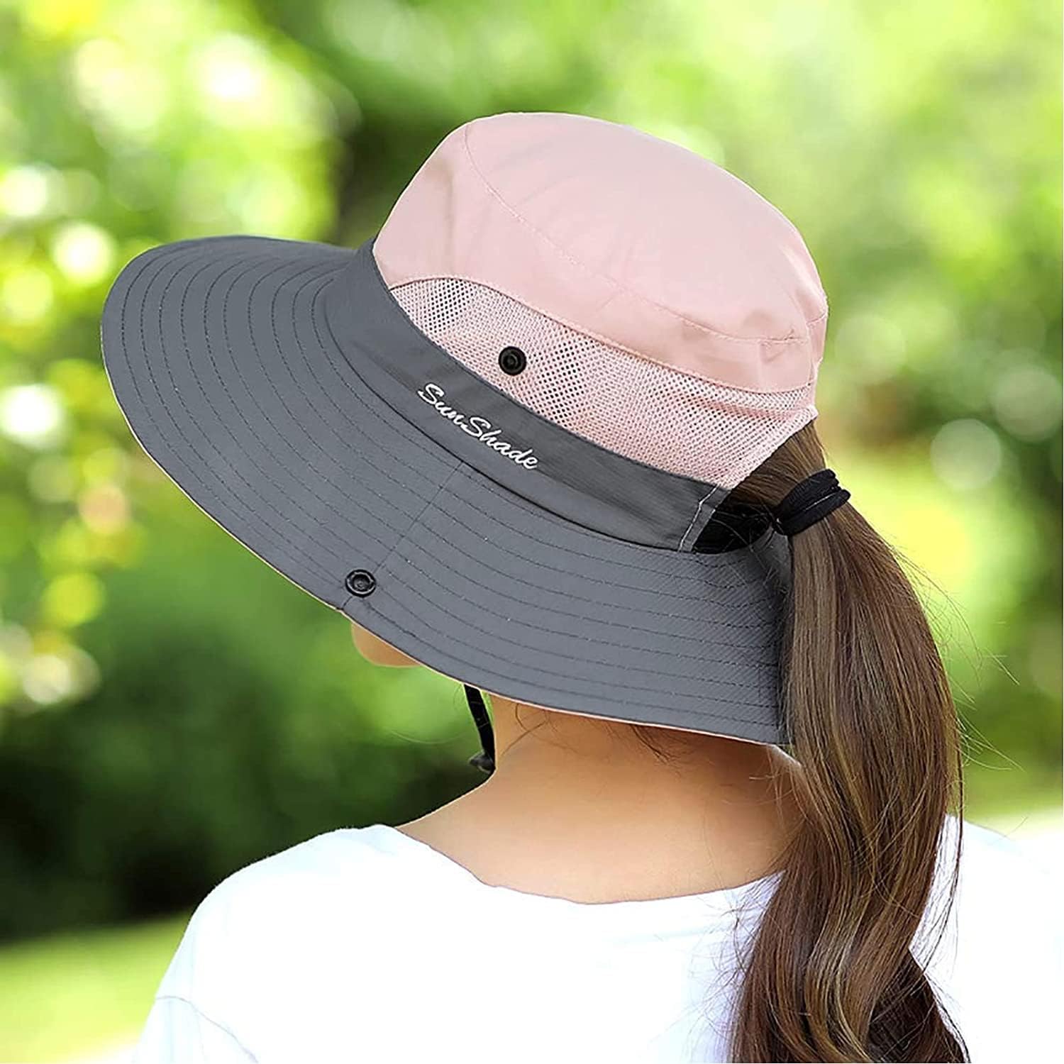 ZOORON Women's Ponytail Safari Sun Hat,Wide Brim UV Protection Outdoor Bucket Hat,Foldable Beach Summer Fishing Hat