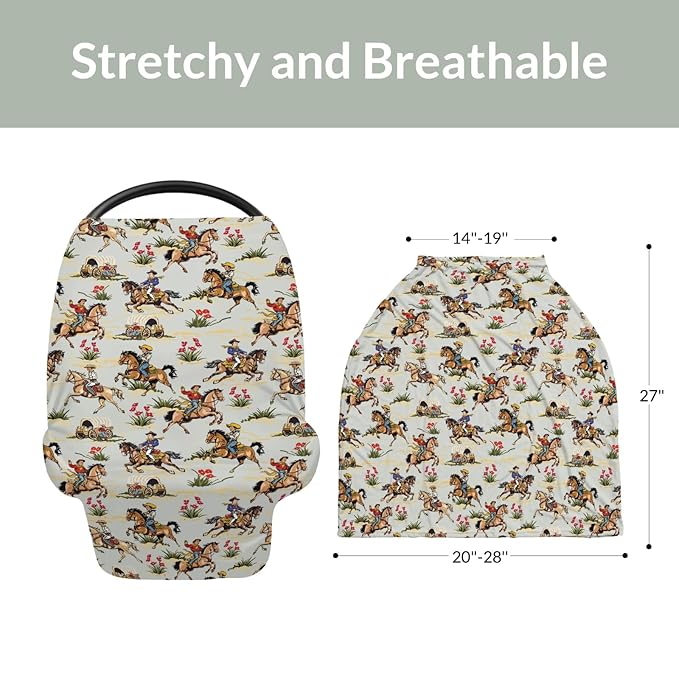 Vintage Cowboy Floral Car Seat Cover for Baby Western Cowboy Horse Stretchy 5-in-1 Covers Adjustable Car Canopy Cover Wild West Desert Breathable Nursing Cover-Up-BubblyBeeBaby
