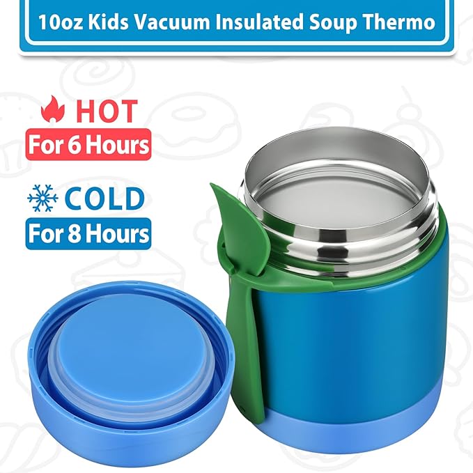 10oz Soup Thermo for Hot Food Kids,Lunch Thermo Kids Food Jar with Spoon Hot Insulated Food Containers,Leak Proof Stainless Steel Wide Mouth Lunch Food Jar for School(Blue)-BubblyBeeBaby