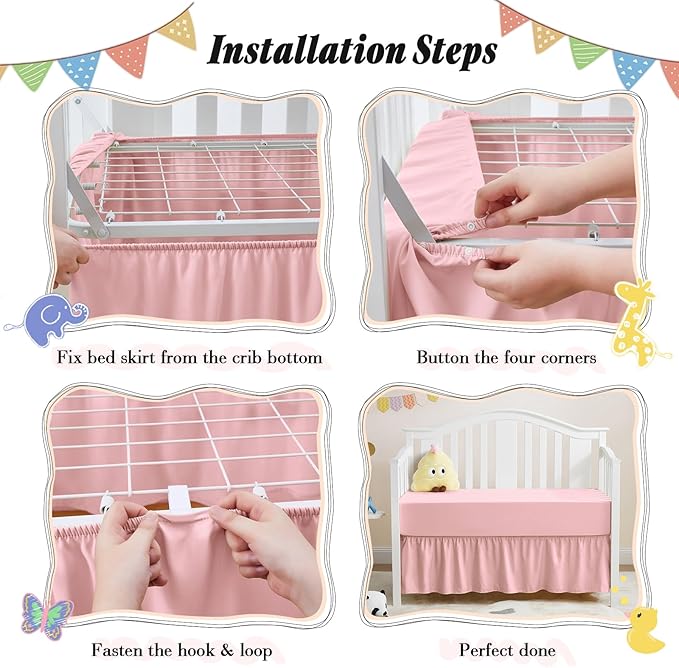 Horbaunal 2 Pack Set Crib Skirt & Crib Bed Sheet, Pink Crib Bed Skirt 28" x 52" with 14" Drop Dust Ruffle, Soft Microfiber Toddler Bedskirt Nursery Bedding Skirt for Baby Girls and Boys-BubblyBeeBaby