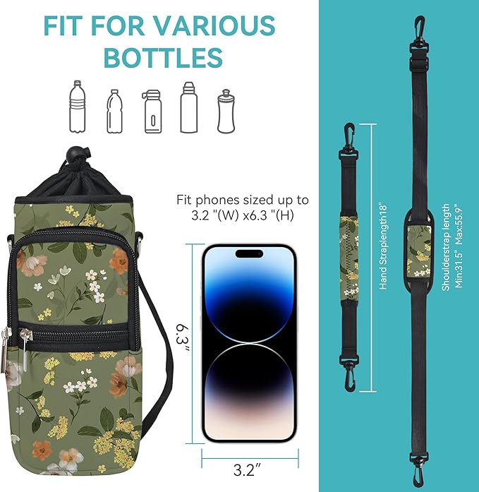 25/32/40/64oz Water Bottle Bag Holder Carrier-Insulated Crossbody Sling Case Sleeve with Strap & Pockets for Men Women Gym Cycling Travel Walking Hiking Camping-BubblyBeeBaby
