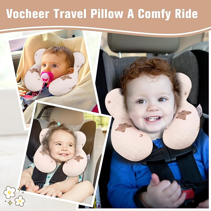 vocheer Baby Neck Pillow(Upgraded), Cotton, Baby Support Pillow, Car Seat Pillows for Newborn, Carseat Head and Body Support, Infant Travel Pillows for Prams, Pushchair, Stroller, Bouncer, Bears-BubblyBeeBaby