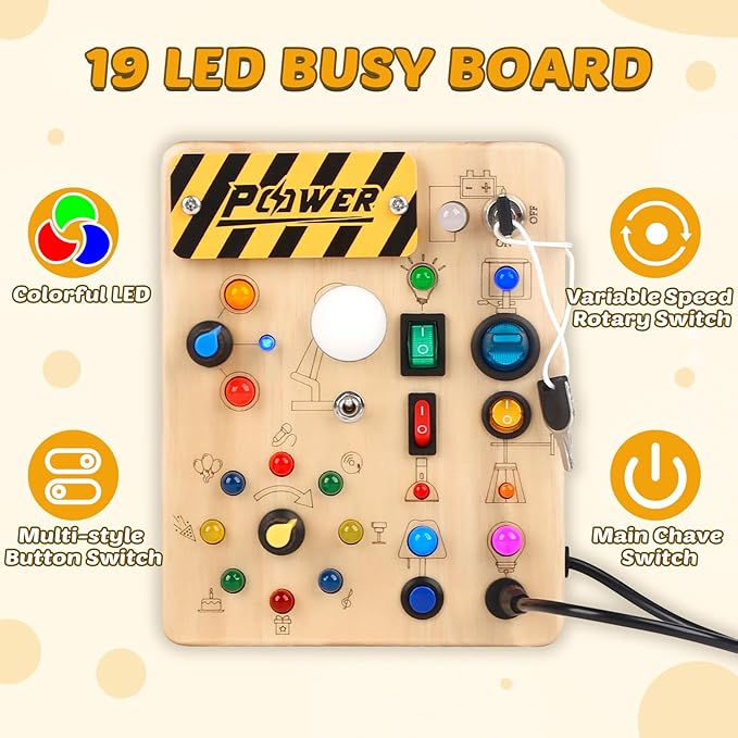 Joyreal Montessori Toddler Busy Board, 19 Led Wooden Sensory Board Educational Toy, Montessori Toys for 1-6 Year Old, Travel Toys Gifts for Toddlers Boys and Girls-BubblyBeeBaby