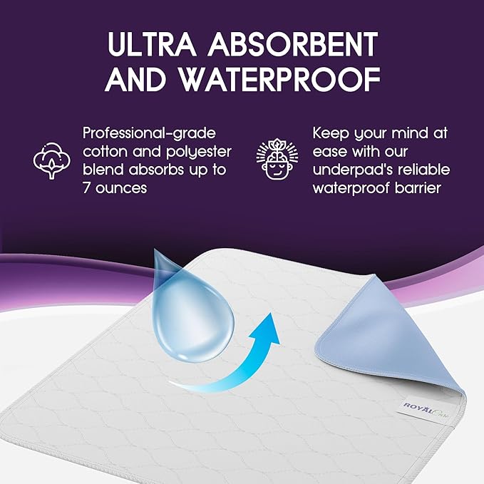 Incontinence Bed Pads - 18x24 | Cotton Blend | Washable Bed Pads for Adults, Children, Pets and Seniors Waterproof | Pack of 4, Blue, by Royal Care-BubblyBeeBaby