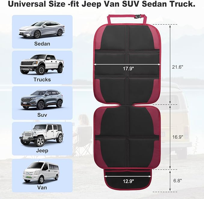 Car Seat Protector for Child, 2 Pack With Mesh Pockets & Non-Slip Backing 600D Durable Under Baby Seat Cover for Back Seat (Burgundy, Standard)-BubblyBeeBaby