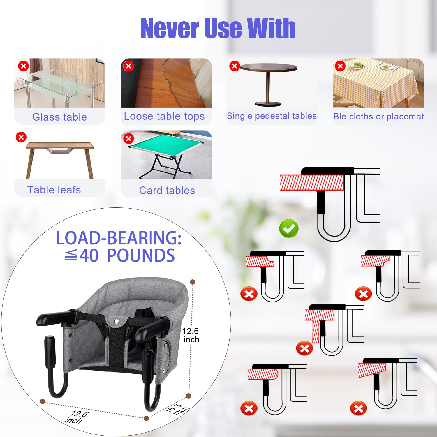 Hook On High Chair, Attach to Fast Table Chair,Clip on High Chairs to Table,Foldable Storage Feeding Baby Seat for Baby Toddler Home and Travel,Lightweight Space-Saving Design,Portable High Chairs