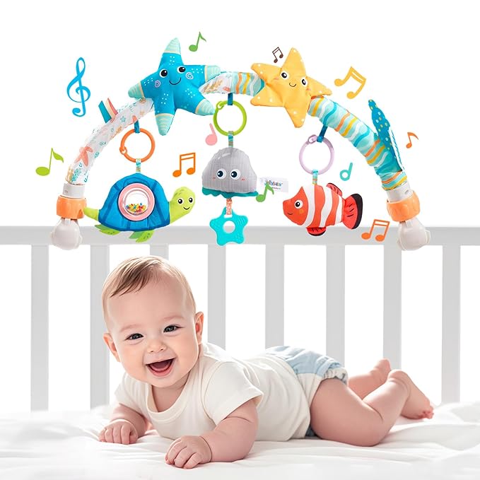 Jollybaby Musical Bassinet Stroller Crib Mobile Toy for Baby 0-6-12 Months, Infant Clip On Arch Hanging Toy with Music, Montessori Sensory Nursery Mobiles Attachment Toy for Newborn Gift - Starfish-BubblyBeeBaby