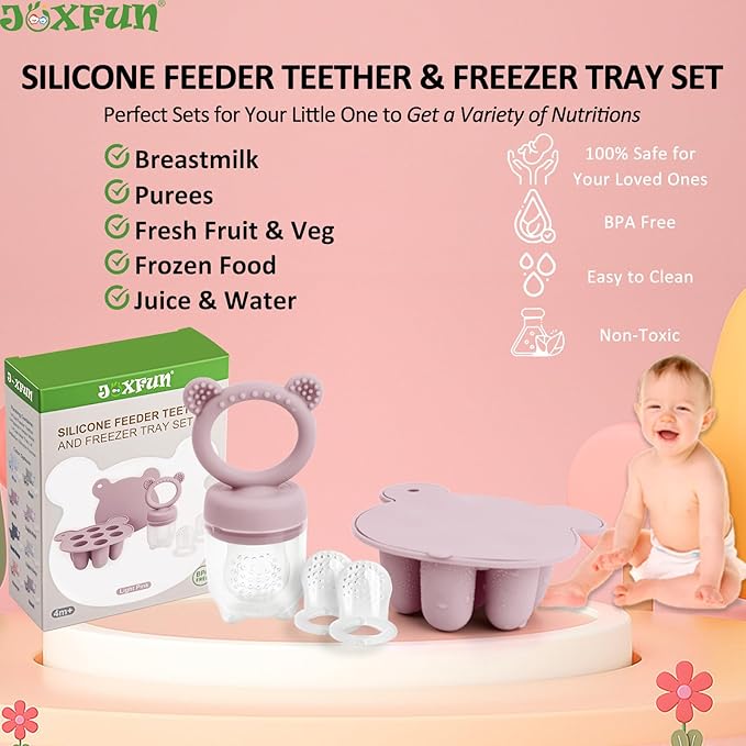 JEXFUN Silicone Breastmilk Popsicle Freezer Molds & Baby Fruit Food Feeder Pacifier, Baby Food Storage Containers Breast Milk Ice Cubes for Baby Teething & Infant Self Feeding, BPA Free - (Light Pink)-BubblyBeeBaby