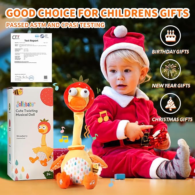 Jollybaby Plush Talking Singing Dancing Musical Strawberry Duck Toy for Toddlers 1-3 Just Like Cactus Toy, Music Mimicking Interactive Toys for Crawling Kids, Sensory Gift for Baby 0-6-12 Month-BubblyBeeBaby