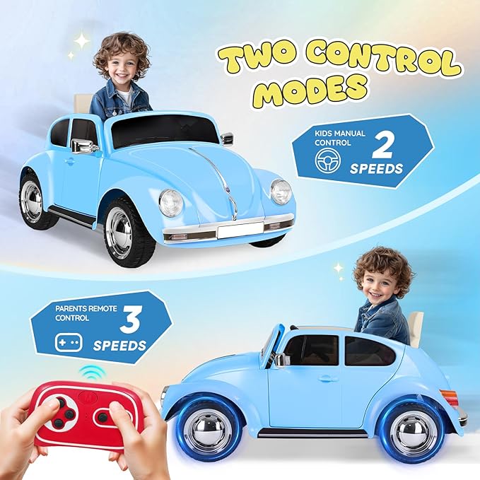 12V Kids Electric Car, Power Wheels with Remote Control, Ride on Car Toys with LED Light, 3 Speeds, Music, Blue-BubblyBeeBaby