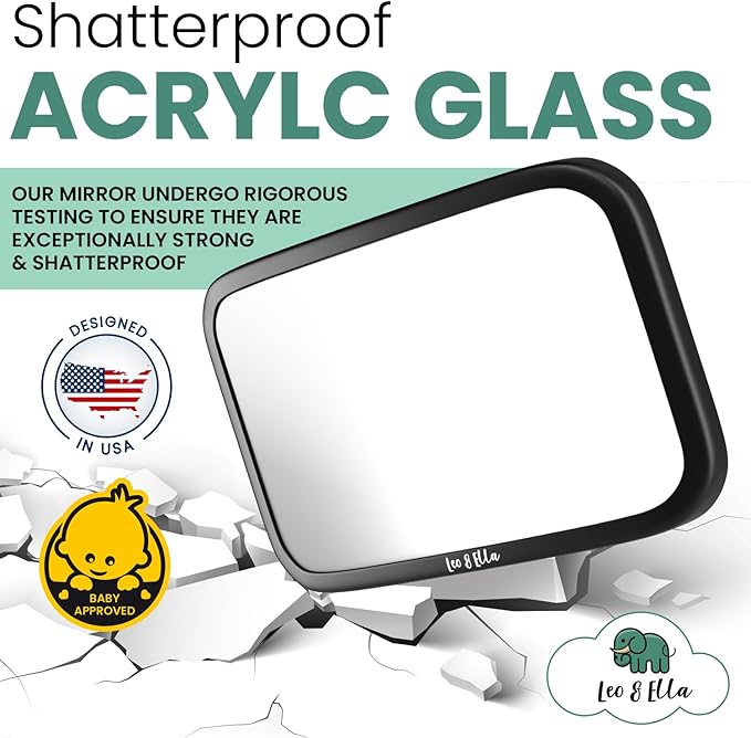 Leo and Ella - Baby Car Mirror - Extra Large & Ultra Clear Infant View, Crash Tested Shatterproof Design w/ 360° Adjustable Mount, Premium Car Mirror For Baby-BubblyBeeBaby