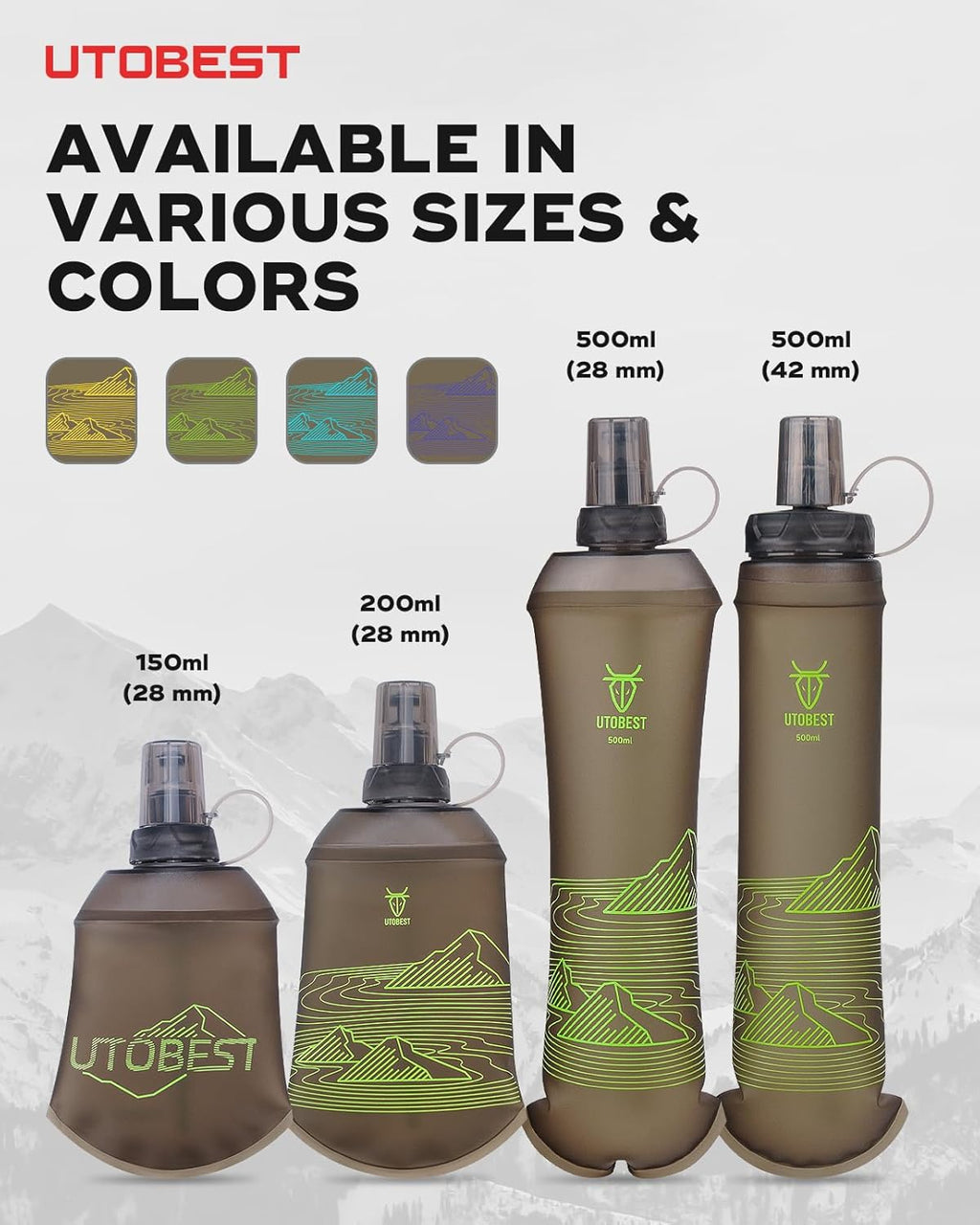 UTOBEST 200ml Soft Flask, 2 Pack Flexible TPU Hydration Water Bottle, Collapsible with 28mm Caliber for Running, Hiking, Cycling, Climbing, and Marathon Green