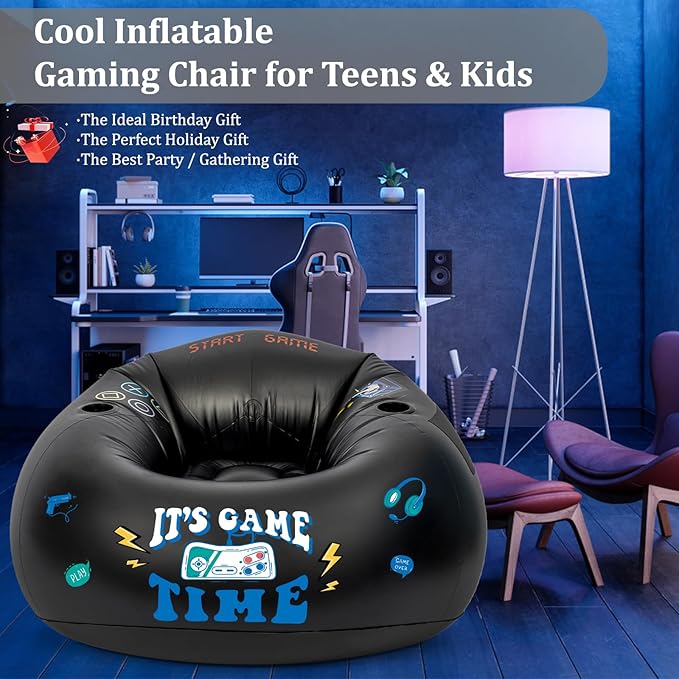 Inflatable Gaming Chair for Kids, Floor Bean Bag Chair for Teens - Boys Room Furniture with Cup Holder and Side Pocket, Inflatable Gaming Couch for Boys Room, Cool Kids Blow Up Couch Decor for Teens-BubblyBeeBaby