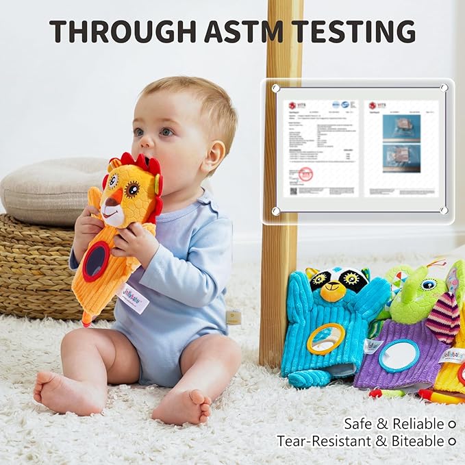 Jollybaby Hand Puppets Baby Toy 0-6-12 Months, Plush Stuffed Animal Hand Puppets Toys for Kids，Sensory Doll with Rattle and Mirror for Toddler，Social Emotional Play Therapy Toys for Boy Girl Gift-BubblyBeeBaby