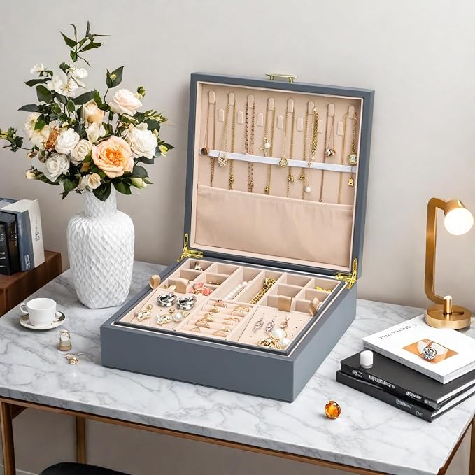 2-layer jewelry box，Jewelry Organizer with Handle，with hanging necklace hooks, detachable jewelry trays, suitable for storing a large amount of jewelry gift box (Large-Grey)-BubblyBeeBaby