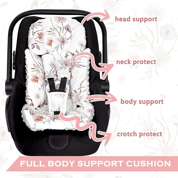 Infant Car Seat Insert and Strap Covers, Very Soft Car Seat Head Support Baby Girl Boy, Reversible Newborn Carseat Insert Cushion Fits for Stroller, Baby Swing, Bouncer (White Flower)-BubblyBeeBaby