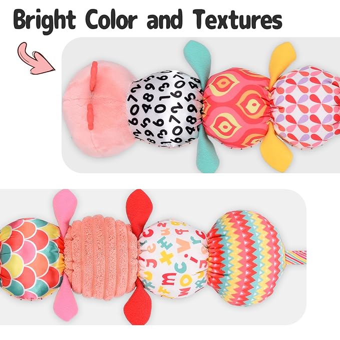 Infant Baby Musical Stuffed Animal Activity Soft Toys with Multi-Sensory Crinkle, Rattle and Textures for 0-3-6-12 Months Developmental Toys, Caterpillar, Pink-BubblyBeeBaby