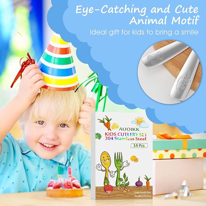 14-Piece Toddler Flatware, Kids Utensils Stainless Steel Cutlery Set, Children Safe Spoons and Forks with Ergonomic Handle, Easy to use and Dishwasher Safe (Crocodile and Bear)-BubblyBeeBaby