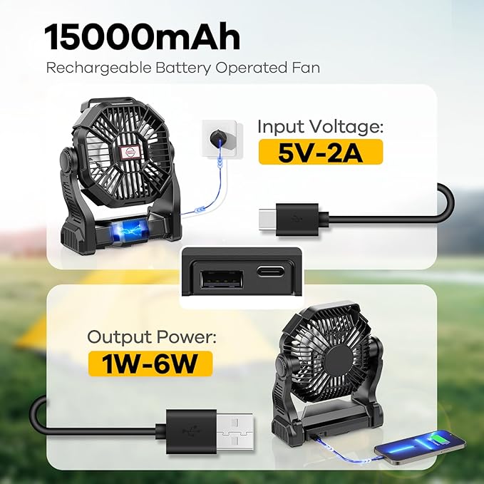 15000mAh Portable Battery Powered Camping Fan - with LED Light, Quiet Battery Operated, Camping Gear for Travel, Tent, Beach, Car or Hurricane Power Outages，Black-BubblyBeeBaby