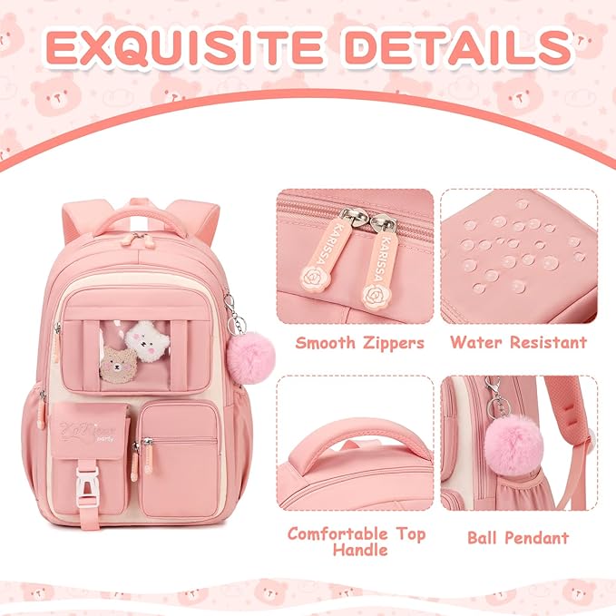 Kids Backpack for Girls School Bags for Middle School Students Book Bag for Elementary Primary Kawaii Ita Backpack, Pink and Beige-BubblyBeeBaby