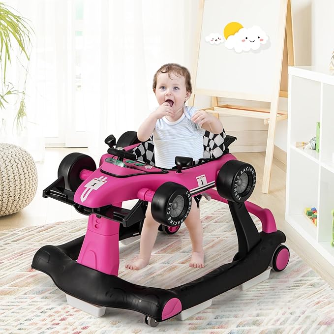 HONEY JOY 4-in-1 Baby Walker, Activity Push Walker w/3 Adjustable Heights, Smooth Wheels w/Adjustable Speed, Padded Seat, Music & Light, Foldable Car Walker for Baby Boys Girls Age 6 Months+ (Pink)-BubblyBeeBaby