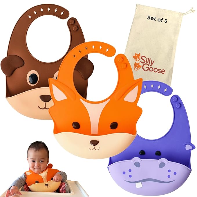 Silly Goose Set of 3 Silicone Animal Baby Bibs for Babies and Toddlers, Waterproof, Adjustable, Soft, Extra Wide Food Catcher Pocket (3PK Fox+Bear+Hippo)-BubblyBeeBaby