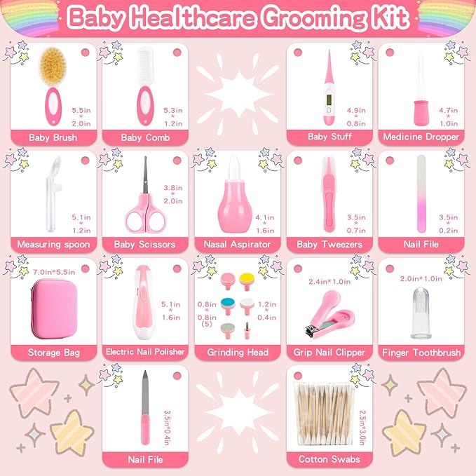 Infant Grooming Essentials: Electric Safety Nail Trimmer, Nasal Aspirator, Hair Brush, Comb, Nail Clipper (27 Piece Safety Care Set for Newborns - Pink)-BubblyBeeBaby