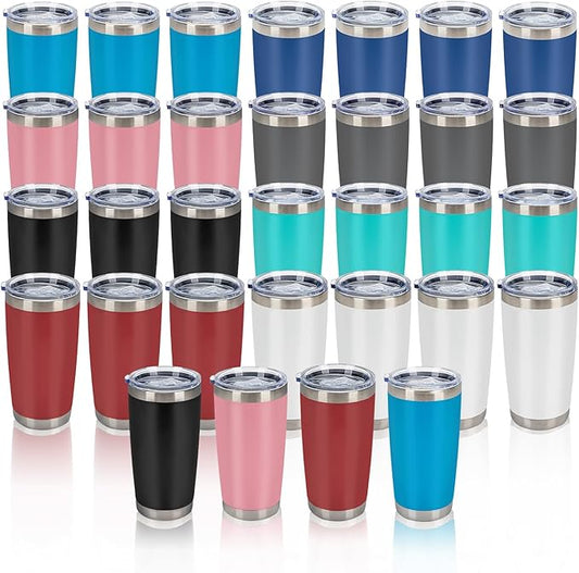 IEOVIEE 32 Pack 20oz Stainless Steel Bulk Tumblers with Lids and Straws Double Wall Insulated Travel Mug Durable Powder Coated Tumbler Bulk Cup for Cold and Hot Drinks(Mixed color)-BubblyBeeBaby