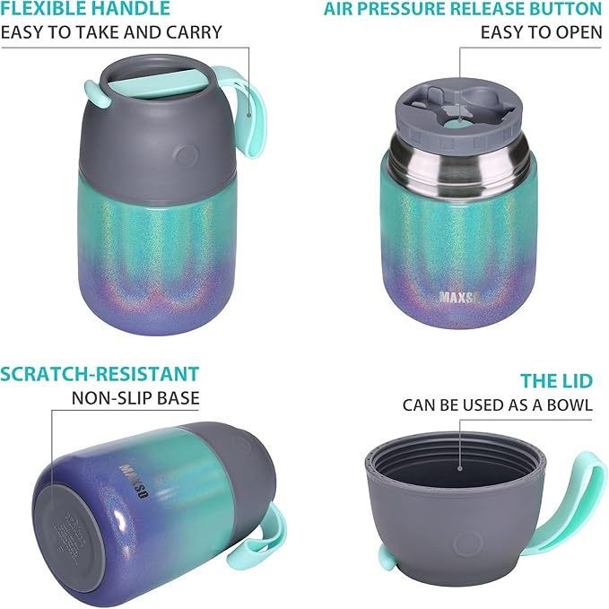 Insulated Thermo Food Jar for Hot & Cold Food for Kids Adult, 17&24 oz Soup Thermal Hot Food Containers for Lunch, Triple Layer Insulation Stainless Steel Food Jar with Spoon(2 Pack Rainbow)-BubblyBeeBaby