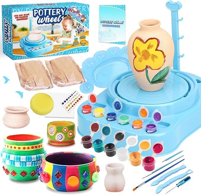 Insnug Mini Kids Pottery Wheel: Complete Painting Kit for Beginners with Modeling Clay and Sculpting Tools, Arts & Crafts Small Banding Wheel for Pottery, Tiny Pottery Wheel for Kids Age 8-12, 10-13-BubblyBeeBaby
