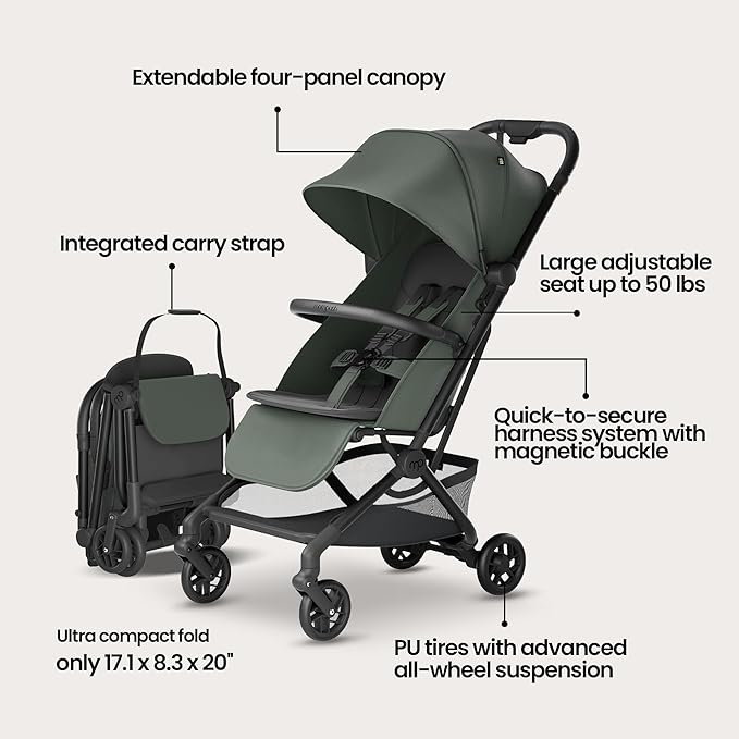 Mompush Velo Lightweight Travel Stroller – One-Hand Fold, Ultra-Compact & Airplane Friendly, Lie-Flat Recline Seat (from Birth to 50 lbs), Includes Cup Holder, Shoulder Strap, and Leather Bumper Bar-BubblyBeeBaby