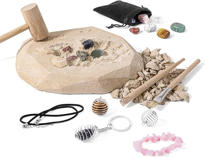 12PCS Gemstone Dig Kit for Kids – Dig Up Gems & Make Necklaces, Bracelets, Keychains – STEM Crystal Jewelry Craft Kit with Safety Goggles – Gift for Girls & Boys Ages 6 7 8 9 10 11 12-BubblyBeeBaby