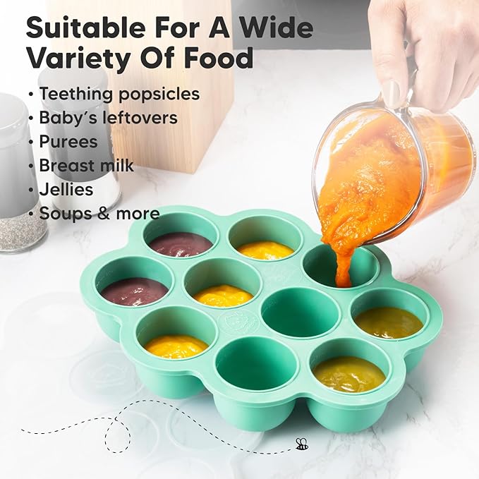 KeaBabies Silicone Food Freezer Trays with Lid, 2oz x 10 Pods Baby Food Storage Containers, Easy Puree Meal Prep, Breast Milk Silicone Freezer Molds, Dishwasher,Microwave Safe,BPA-Free(Alpine Green)-BubblyBeeBaby