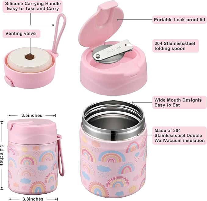 17oz Soup Thermo for Hot Food Kids,Insulated Food Jar with Spoon,Thermo Hot Food Lunch Container,Wide Mouth Leakproof Stainless Steel Lunch Box for School-Rainbow-BubblyBeeBaby
