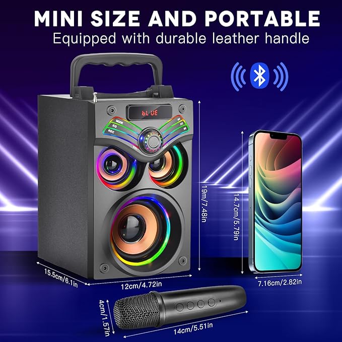 Karaoke Machine,Portable Bluetooth Karaoke Speaker with 2 Wireless Microphone for Adults Kids,with 20W(Peak) Speaker,Handle &RGB Lights,Supports TF Card/USB/Aux in/TWS,for Home,Party-BubblyBeeBaby