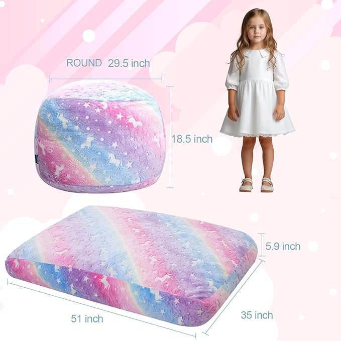 Kids Bean Bag Chair Turn into Beanbag Bed, Unicorn Toddler Bean Chair for Girl Boy Sleeping, Lazy Children Bean Bags with Filler, Convertible Child Floor Mattress, Colorful Rainbow-BubblyBeeBaby