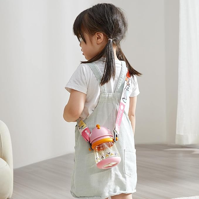 bc babycare Straw Sippy Cups for Toddler, No Spill Sippy Cups for Baby 1+ Year Old, Transition Weighted Sippy Cup with Straw and Strap, 10oz/300ml, Pink-BubblyBeeBaby