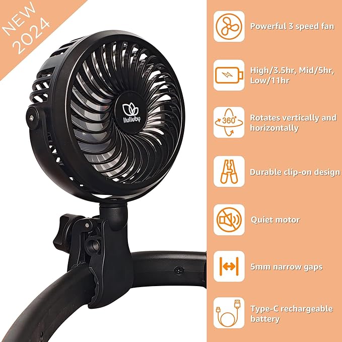 liuliuby Baby Stroller Fan with Clip | Clip On Fan for Baby Car Seat | Portable & Rechargeable with Durable Clamp | Stroller Accessories | Small Cooling USB Chargeable Battery (Jet Black)-BubblyBeeBaby