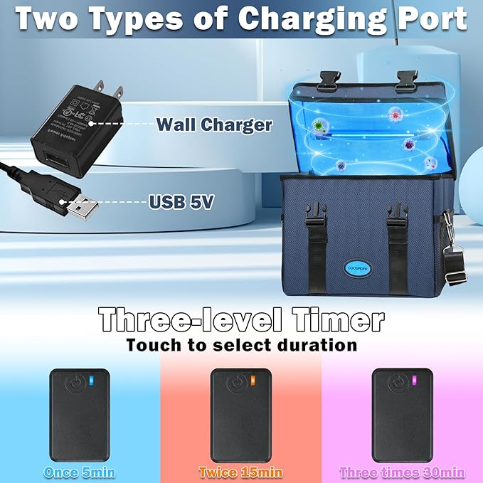 UVC Sanitizer Ozone Box with Timer, Foldable Large Cleaner UV Bag w/strap and USB Port, Portable UVC Light Tote 185nm wavelength for Mask, Cell Phone, Key, Towel 12L/3.17 gal-BubblyBeeBaby