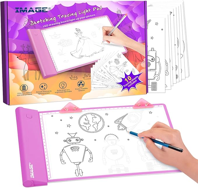 IMAGE Light Up Tracing Pad Pink Drawing Tablet Coloring Board for Kids Children to for Girls Boy (Includes 10 Traceable Sheets and Two Clips)-BubblyBeeBaby