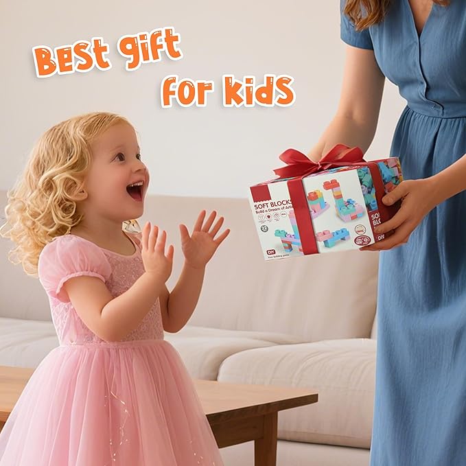 22 Pcs Soft Building Blocks for Toddlers 18M+, BPA - Free Sensory Teether Toys, Montessori STEM DIY Bricks, Early Learning Creative Stacking Set, Safe Baby Construction Toys-BubblyBeeBaby