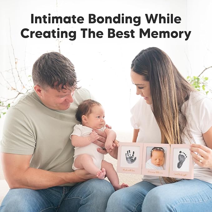 Inkless Baby Handprint and Footprint Kit for Newborn - Baby Footprint Kit, Newborn Keepsake Nursery Picture Frame,Dog Paw Print Maker,Personalized Gifts for New Mom,Showers & Registry(Petal Pink/Gold)-BubblyBeeBaby