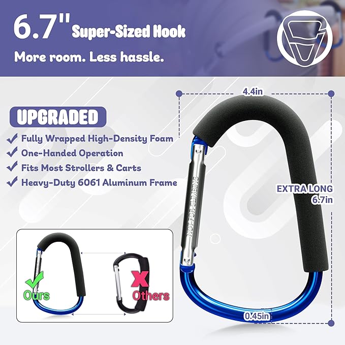 sprookber 6.7 Inch Large Stroller Hooks for Diaper Bags & Purses, Heavy Duty Mommy Hooks for Shopping, Grocery, Backpack – Baby Stroller Accessories, Set of 2 (Bule)-BubblyBeeBaby