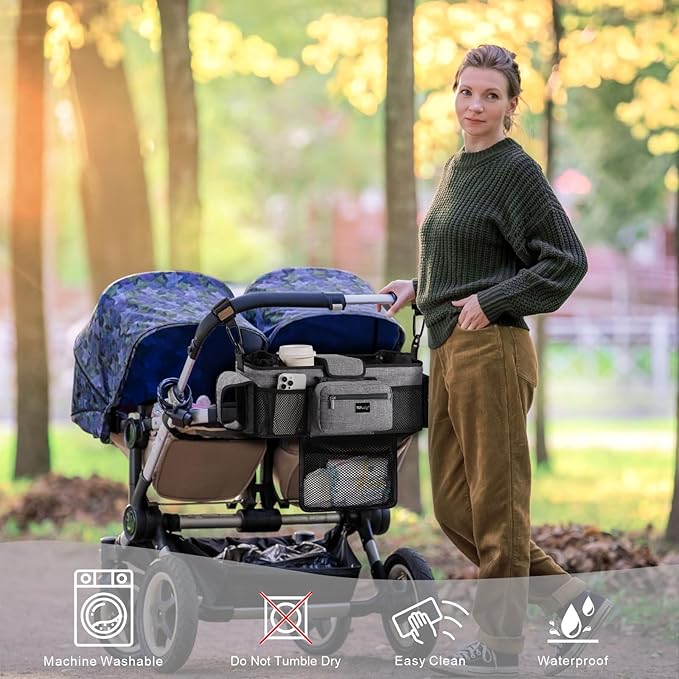 TOPDesign Universal Baby Stroller Organizer, Double Stroller Caddy with Detachable Mesh Bag & Heightened Insulated Cup Holders & Non-Slip Secure Hooks Accessories, Fits Most Strollers (Grey)-BubblyBeeBaby