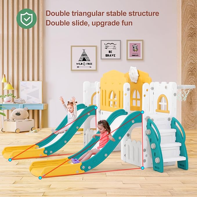 JOYLDIAS 9 in 1 Toddler Slide, Toddler Playground with Double Slides, Climber,Basketball Hoop,Tunnel, Telescope, Storage Space and Non-Slip Step, Indoor Outdoor Backyard Playset for Toddlers Age 1-3+-BubblyBeeBaby